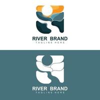 design de logotipo do rio, vetor de riacho do rio, ilustração ribeirinha com uma combinação de montanhas e natureza, marca do produto