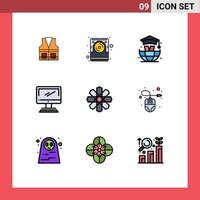 9 interface do usuário pacote de cores planas de linha cheia de sinais e símbolos modernos de flor imac dispositivo eletrônico computador elementos de design de vetores editáveis