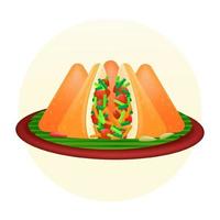 comida indonésia. Ilustração 3D de pão frito triangular recheado com macarrão e legumes vetor