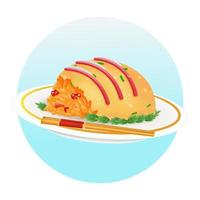 comida japonesa, ilustração 3d de arroz omelete recheado com camarão e molho vetor