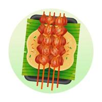 comida indonésia, ilustração 3d de satay de carne em uma base de folha de bananeira vetor