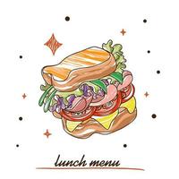 sanduíche com alface, presunto e tomate, menu de almoço vetor