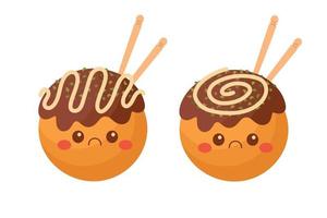 Doodle plana clipart. takoyaki fofo, comida de rua asiática. todos os objetos são repintados. vetor