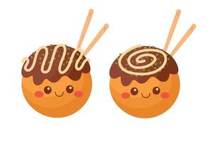 Doodle plana clipart. takoyaki fofo, comida de rua asiática. todos os objetos são repintados. vetor