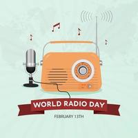 feliz dia mundial do rádio 13 de fevereiro com ilustração vintage de rádio e microfone vetor