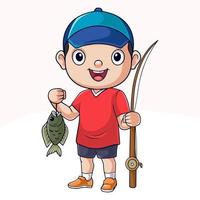 menino dos desenhos animados pegando peixe vetor