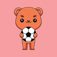 urso fofo segurando bola de futebol mascote dos desenhos animados doodle arte mão desenhada conceito vetor ilustração ícone kawaii