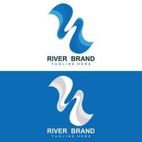 design de logotipo do rio, vetor de riacho do rio, ilustração ribeirinha com uma combinação de montanhas e natureza, marca do produto