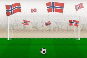 fãs do time de futebol norueguês com bandeiras da noruega torcendo no estádio, conceito de pênalti em uma partida de futebol. vetor