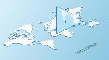 mapa-múndi em estilo isométrico com mapa detalhado do sri lanka. mapa azul claro do sri lanka com mapa-múndi abstrato. vetor