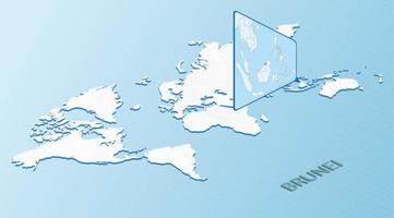 mapa-múndi em estilo isométrico com mapa detalhado de brunei. mapa brunei azul claro com mapa-múndi abstrato. vetor