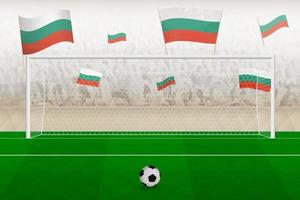 fãs do time de futebol da bulgária com bandeiras da bulgária torcendo no estádio, conceito de pênalti em uma partida de futebol. vetor