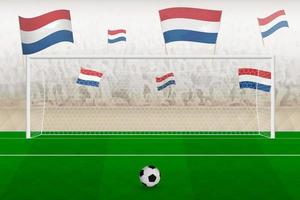 Fãs do time de futebol da Holanda com bandeiras da Holanda torcendo no estádio, conceito de pênalti em uma partida de futebol. vetor