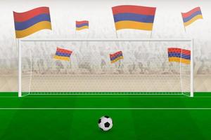 Fãs do time de futebol da Armênia com bandeiras da Armênia torcendo no estádio, conceito de pênalti em uma partida de futebol. vetor