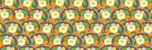 ilustração de bibimbap de comida coreana desenhada à mão. receita de bibimbap baner horizontal. prato tradicional coreano bibimbap com ovo frito, lula, camarão, pepino, rebentos de soja e algas marinhas. fundo de comida asiática vetor