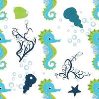 padrão sem emenda de desenhos animados bonitos cavalos-marinhos. animais do oceano desenhados à mão. praia náutica, vida marinha divertida debaixo d'água vetor