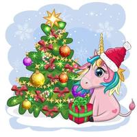 unicórnio bonito dos desenhos animados no chapéu de Papai Noel perto da árvore de natal com presentes, bolas. ano novo e cartão de saudação de natal. vetor