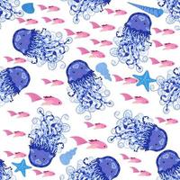 sem costura padrão com água-viva transparente detalhada. padrão infantil sem costura com peixes bonitos desenhados à mão e medusas no estilo doodle. fundo de berçário na moda vetor