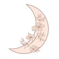 linda lua crescente romântica com rosa ou peônia flores e folhas. vetor
