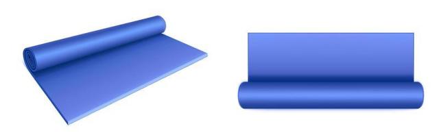 vista superior e lateral do tapete de ioga, colchão enrolado azul vetor