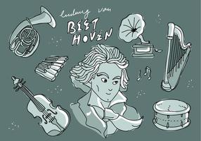 Ilustração do vetor do Doodle do instrumento da legenda Ludwig Van Beethoven do músico