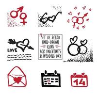conjunto de ícones retrô desenhados à mão para dia dos namorados e dia do casamento vetor