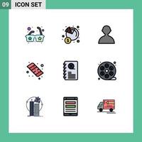 pacote de interface do usuário de 9 cores planas básicas de linha preenchida de entretenimento de livro avatar cinema doces elementos de design de vetores editáveis