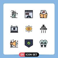9 interface do usuário pacote de cores planas de linha cheia de sinais e símbolos modernos de produção de arquivo de olho vídeo marketing elementos de design de vetores editáveis