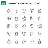 25 vida consciente e ícones de traços de personalidade definidos como fundo vetorial vetor