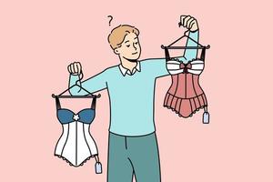 jovem confuso escolhendo lingerie para namorada na loja. homem frustrado comprando roupa íntima sexy ou corpo para mulher. ilustração vetorial. vetor