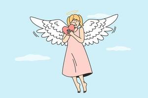 menina sobe no céu abraçando o coração, sorrindo. anjo alegre com asas, a auréola voa no céu, dá às pessoas esperança, amor, consolo, paz, cura, cuidado. caridade, beneficência, conceito de vetor voluntário.