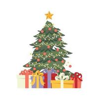árvore de natal decorada com caixas de presente com laços de fita, estrela, luzes, bolas decorativas e lâmpadas. árvore de neve com muitos presentes para cartão. feliz Natal e Feliz Ano Novo. vetor