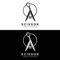 design de logotipo de tesoura, banner de adesivo de ícone de ferramenta de corte de ilustração vetorial e marca de empresa de barbeiro vetor