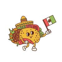design de logotipo de mascote estilo desenho animado retrô taco. personagem de comida latino-americana com sombrero, bandeira mexicana e pimenta. ilustração vetorial de contorno desenhada à mão no estilo toon vintage da moda dos anos 30. vetor