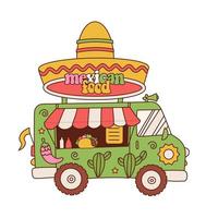 veículo de caminhão de comida comercial de desenhos animados retrô com comida mexicana. veículo de vista lateral com sombrero em sua parte superior. ilustração desenhada à mão do contorno do vetor. vetor