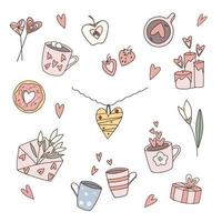 ilustrações vetoriais de doodle de dia dos namorados. conjunto de elementos de design desenhados à mão para dia dos namorados, etiquetas de presente, cartões comemorativos. café, xícaras, rosquinha, colar, coração, flores, envelope, morango, velas. vetor
