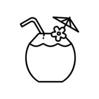 ícone de bebida de coco com palha, guarda-chuva e flor vetor