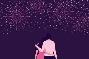 feliz ano novo 2023 conceito de celebração casal celebra o festival de ano novo com explosões de fogos de artifício na ilustração vetorial do céu. conceito de temporada festiva de celebração vetor