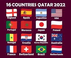 Fita de bandeira de 16 países com design de símbolo de nomes ilustração de times de futebol de países vetor final de futebol