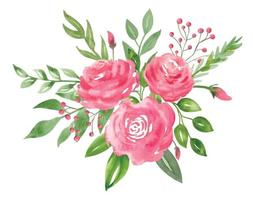 buquê abstrato aquarela com rosas e folhas verdes. ilustração floral desenhada à mão para cartões ou convites em fundo isolado em estilo vintage. composição decorativa botânica vetor