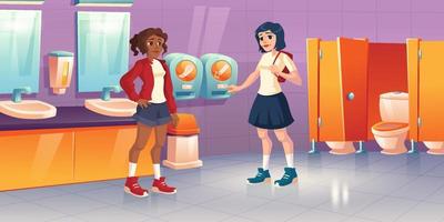 meninas em banheiro público com máquina de venda automática de tampões
