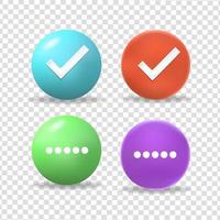 Botões 3d um conjunto de ícones redondos brilhantes com marcas de seleção, estilo minimalista 3d. símbolo de aceitação vetor