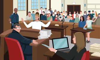 julgamento do tribunal, ilustração em vetor conceito de justiça lei. advogado de advogado de desenho animado ou personagem de promotor dando discurso na frente do juiz, júri no tribunal, fundo de processo público de defesa criminal.