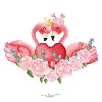 flamingo com buquê de ilustração desenhada à mão de coração rosa para dia dos namorados vetor