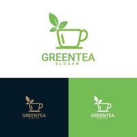 modelo de logotipo de chá. logotipo para loja de chá verde orgânico para estilo de vida saudável. xícara de chá verde orgânico e folhas verdes frescas vetor