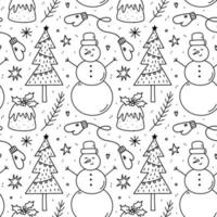 bonito padrão sem emenda de natal com pinheiros e galhos, boneco de neve, pudim de natal, luvas quentes, flocos de neve, estrelas. ilustração em vetor doodle desenhado à mão. perfeito para papel de embrulho, decorações.