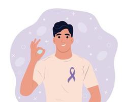 fita de conscientização do câncer. homem e o símbolo da saúde. fita de lavanda. ilustração vetorial. vetor