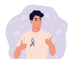 fita de conscientização do câncer. homem e o símbolo da saúde. fita de lavanda. ilustração vetorial. vetor