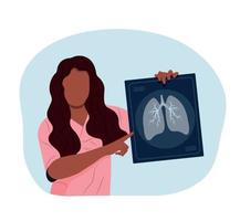 uma enfermeira negra está segurando um raio-x dos pulmões. dia mundial da asma. ilustração vetorial. vetor
