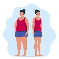 mulher gorda e magra, antes e depois da perda de peso. mulher em pé de sportswear. ilustração vetorial. vetor